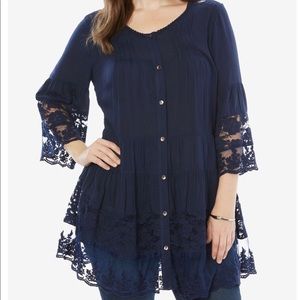 ROAMAN’S DENIM 24/7 NAVY BLUE ILLUSION LACE TUNIC.